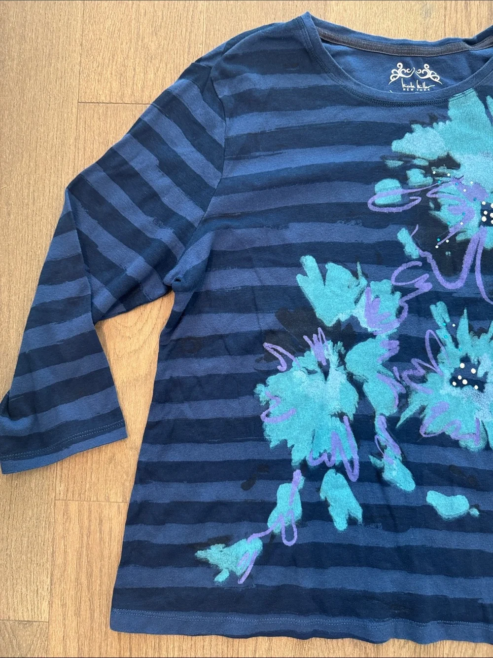 Nicole Miller Knit Cotton Top Blue Stripes Overlaid Embellished Floral Womens 1X